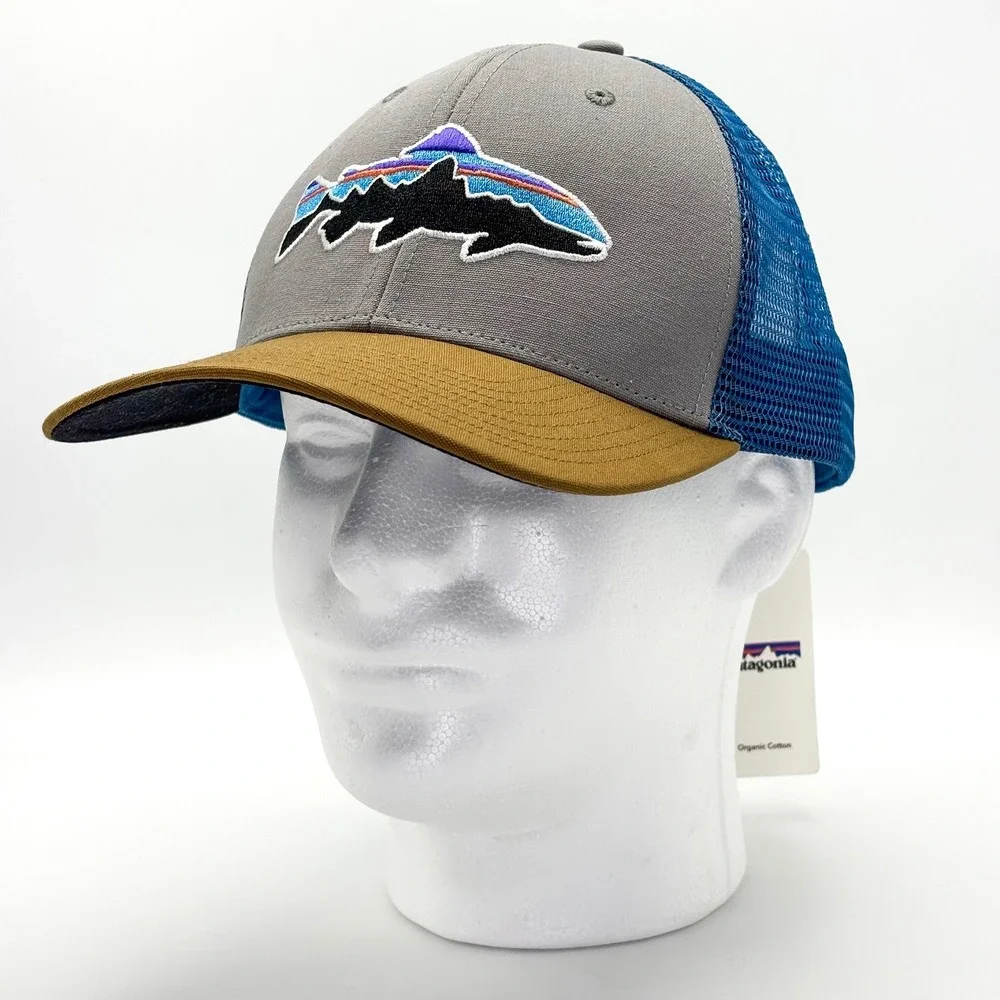 NEW Patagonia Fitz Roy Trout Trucker Hat Gray Blue Snapback NWT One Size Cap